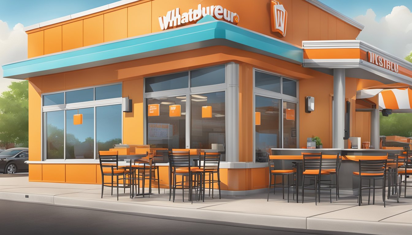 A bustling Whataburger restaurant in Temple, TX with a drive-thru, outdoor seating, and a colorful menu board