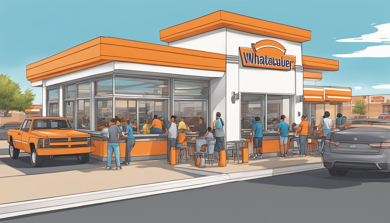 A bustling Whataburger restaurant in Las Cruces, with a drive-thru line and customers enjoying their meals at outdoor tables