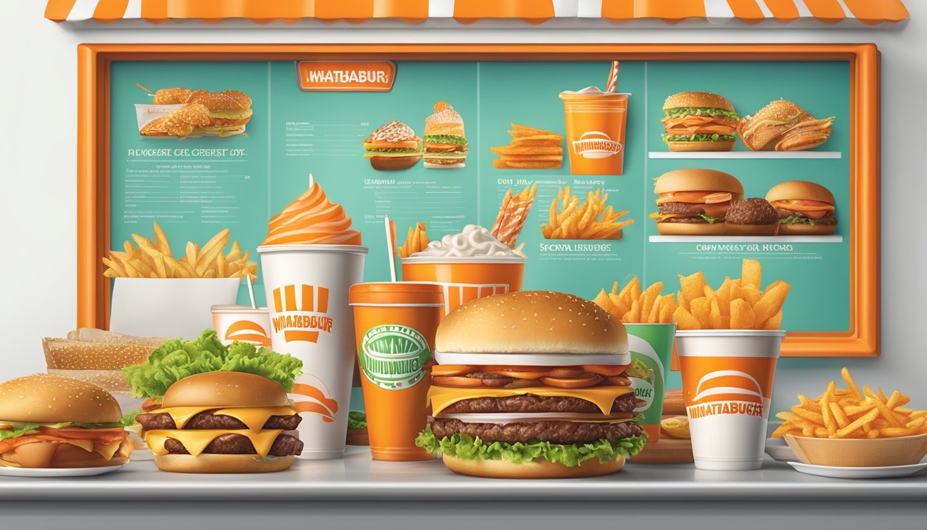 A colorful menu board with the Whataburger logo and various food items displayed