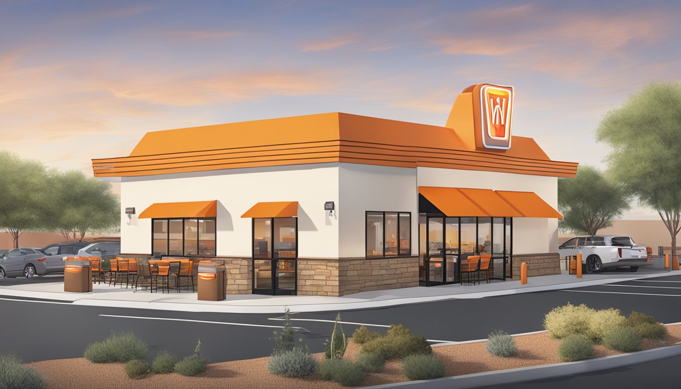 A bustling Whataburger restaurant in Las Cruces, with a drive-thru line and outdoor seating area