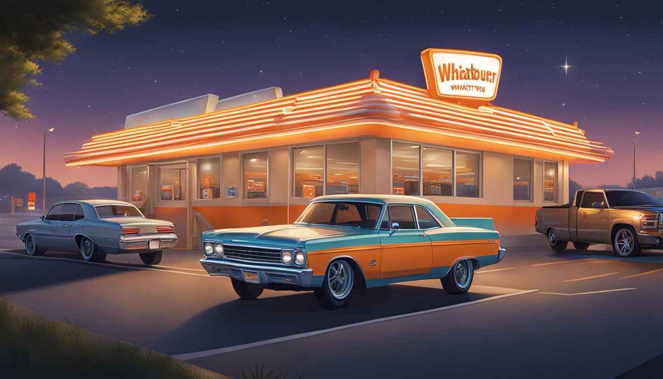 A bustling Whataburger drive-thru with cars lined up under a bright, glowing sign at night