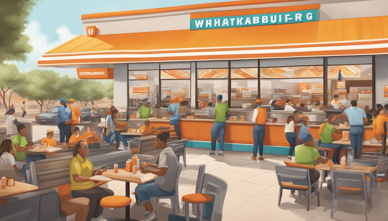 A bustling WhatABurger restaurant in Las Cruces, with customers enjoying their meals and staff members handing out promotions and rewards