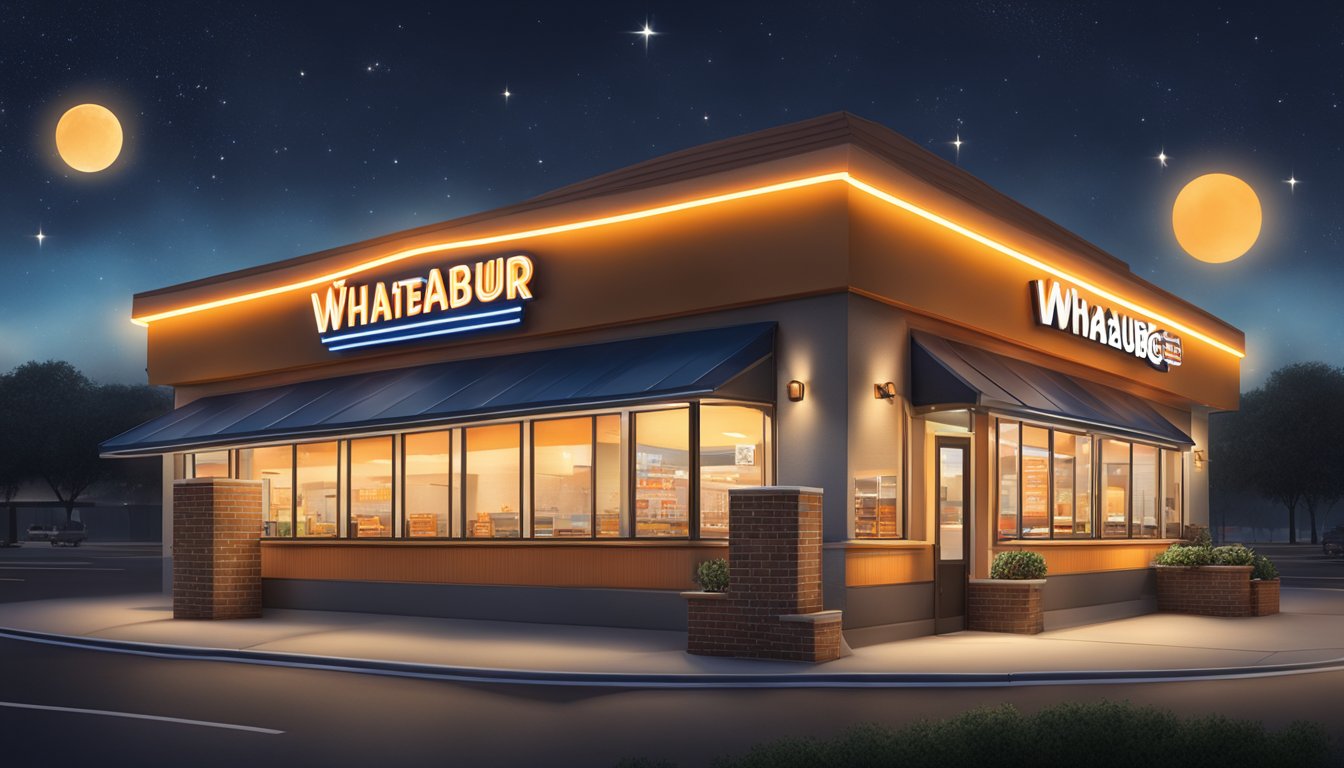 The Whataburger in Temple, TX is open for business, with the bright lights of the restaurant shining against the night sky