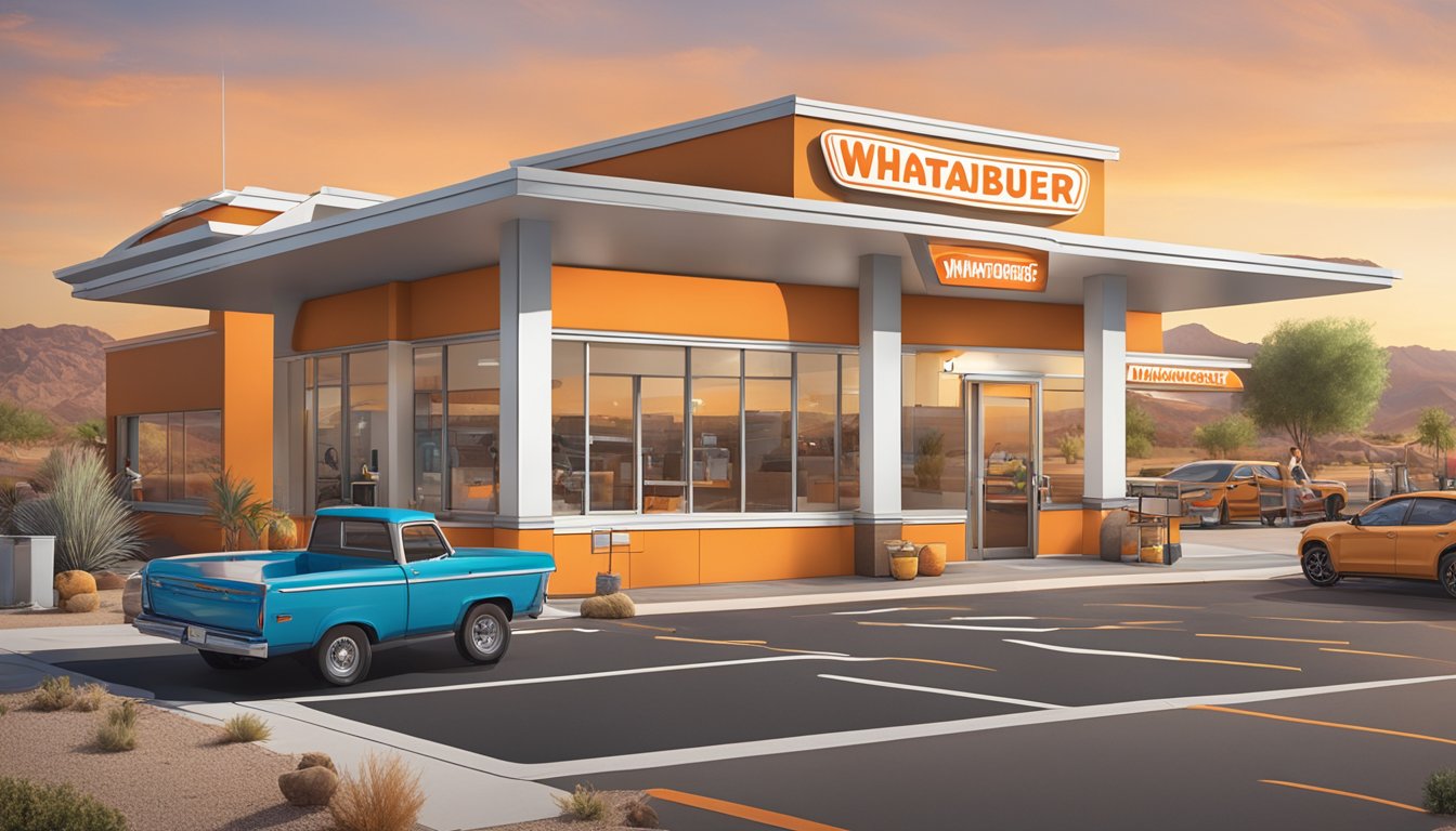 A bustling Whataburger in Las Cruces, with a drive-thru line and outdoor seating area, surrounded by desert landscape