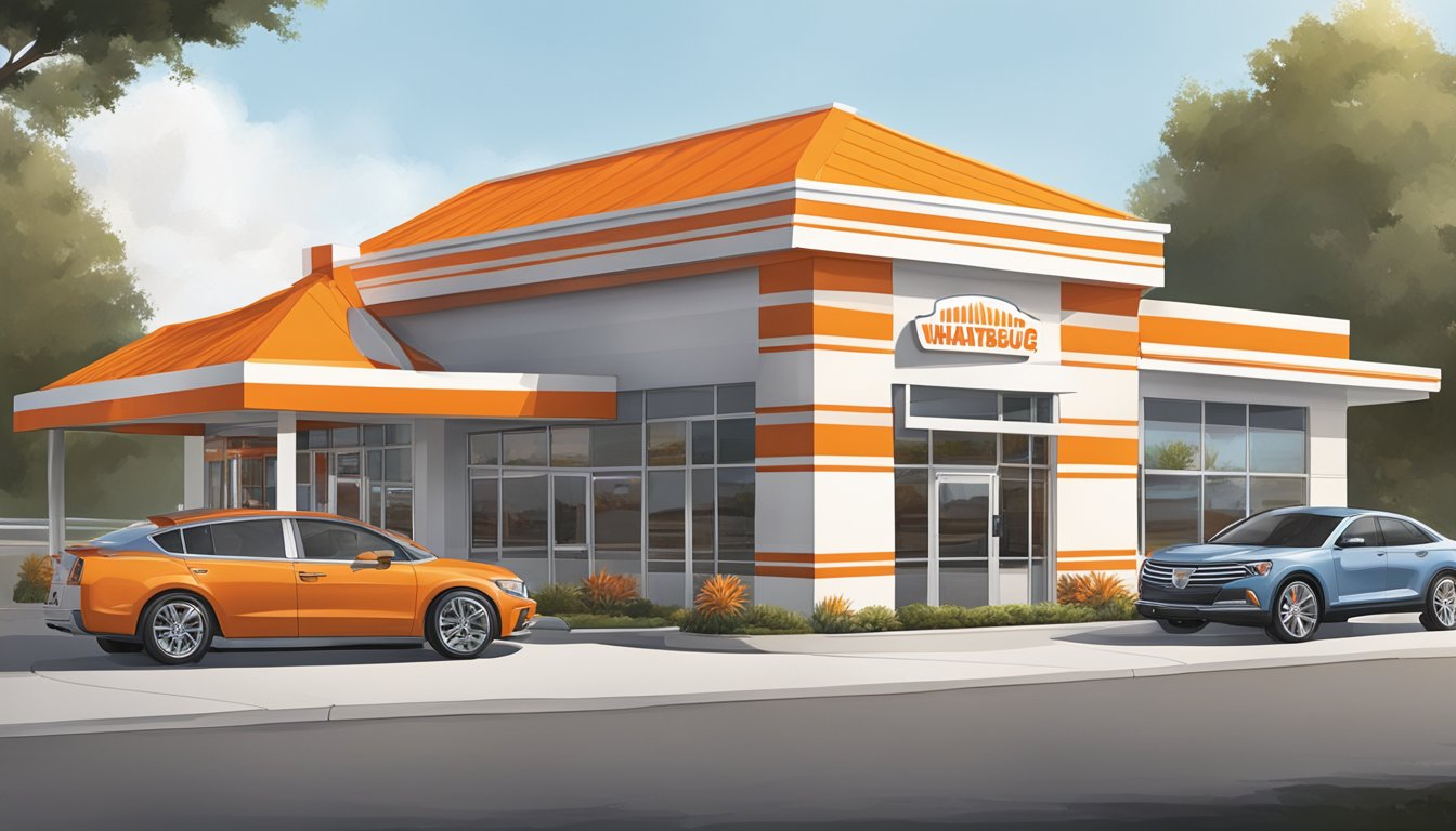 A Whataburger restaurant in Commerce, GA with a drive-thru, outdoor seating, and the iconic orange and white striped building