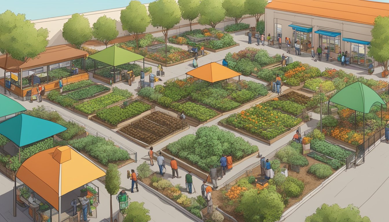 A bustling community garden with locals tending to plants, compost bins, and a recycling center next to a WhatABurger in Las Cruces