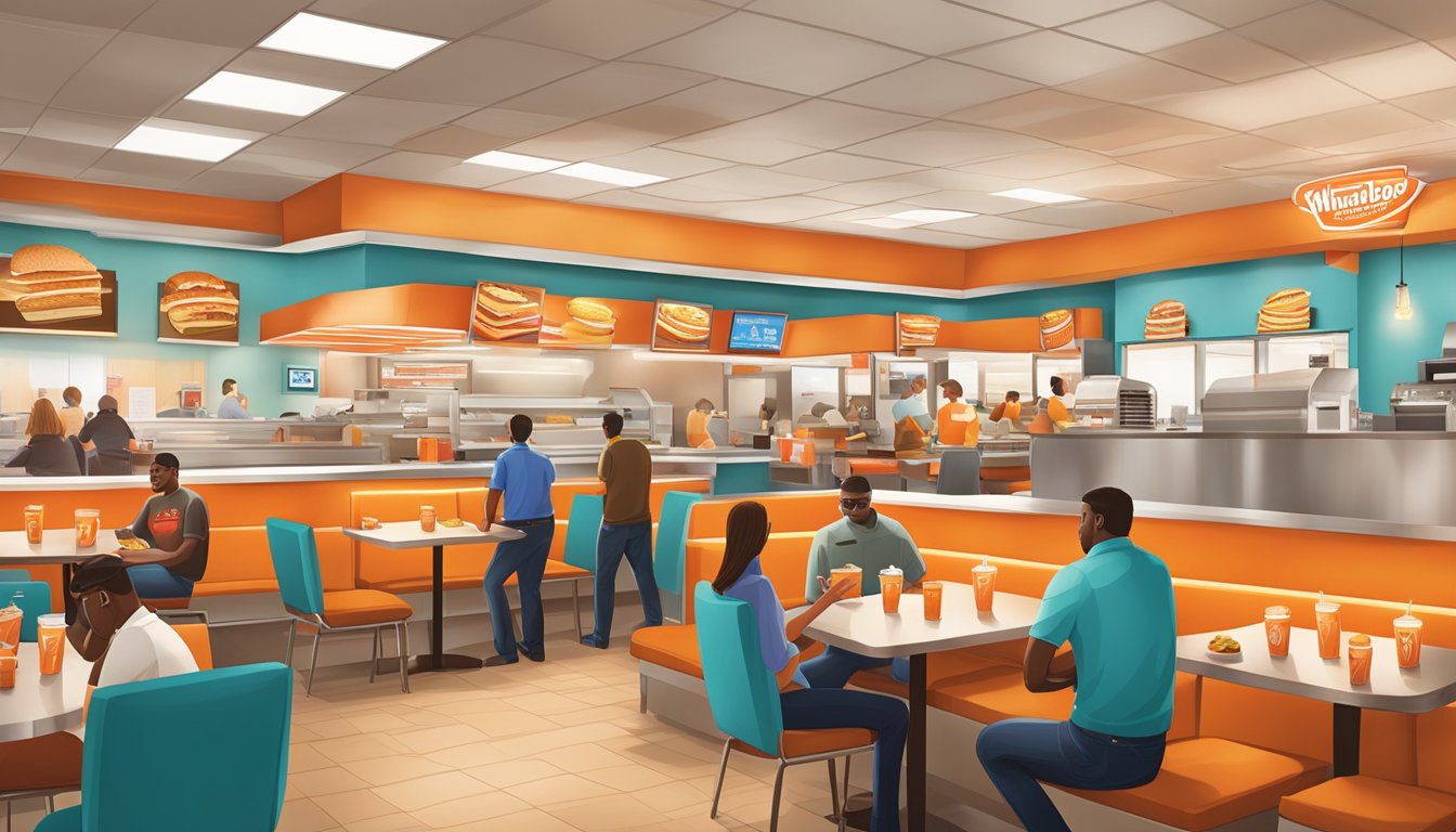 A bustling Whataburger restaurant in Commerce, GA, with patrons enjoying their dining experience amidst the warm and inviting atmosphere