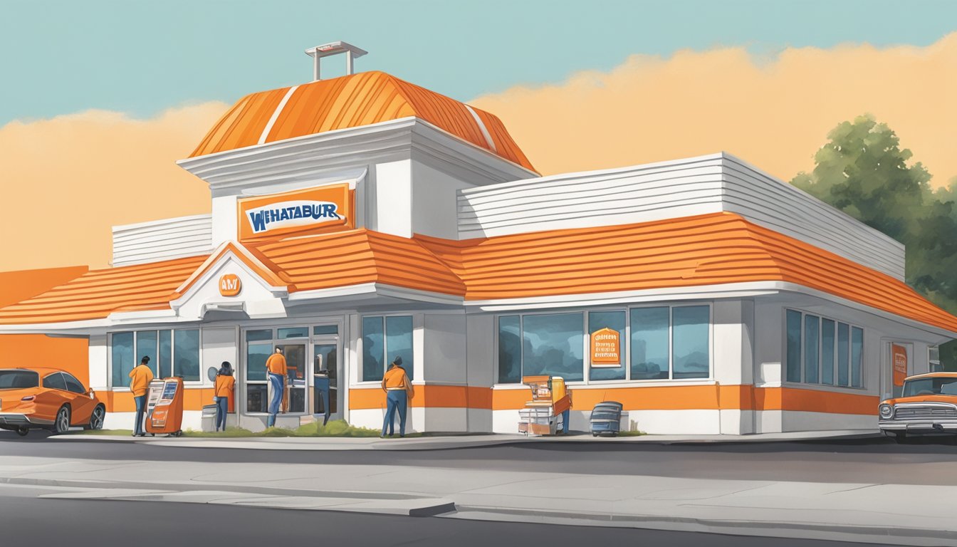 A bustling Whataburger restaurant in Virginia, with the iconic orange and white striped building and a line of customers at the drive-thru