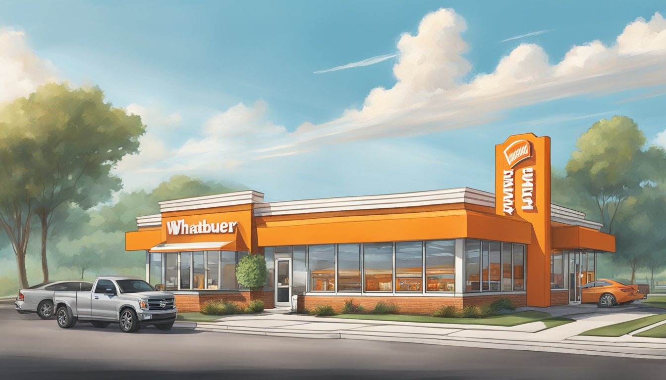 A bustling Whataburger restaurant in Commerce, GA, with a drive-thru, outdoor seating, and a welcoming sign