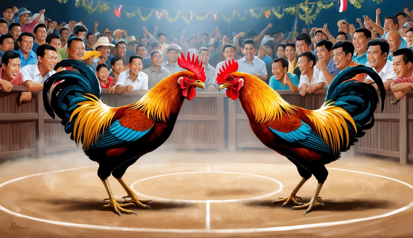 Dua ayam jantan berhadapan di arena sabung ayam tradisional Indonesia, dikelilingi oleh kerumunan penonton yang antusias.