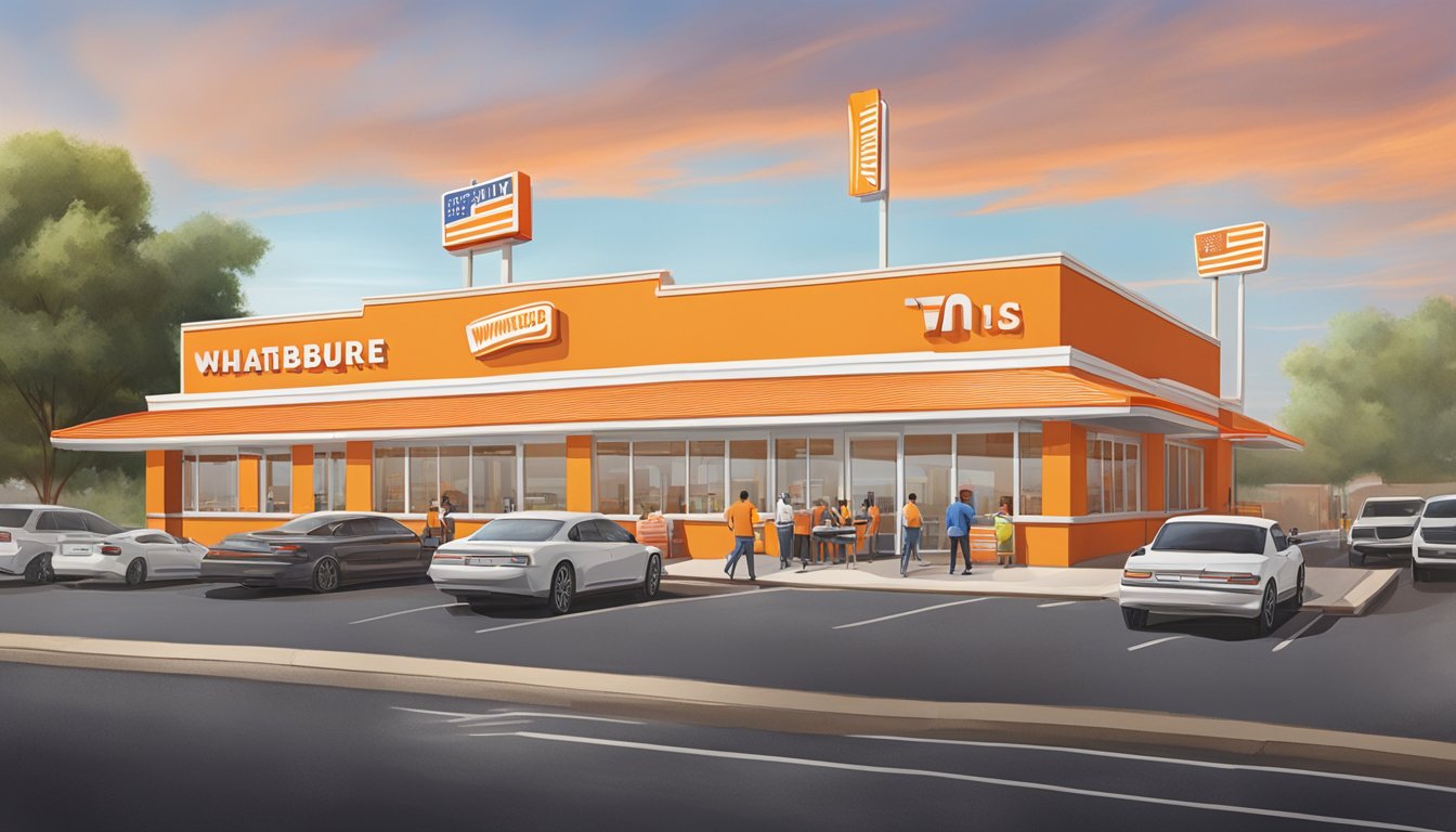 A bustling Whataburger restaurant in Commerce, GA, with customers dining and chatting, staff working, and the iconic orange and white building standing out