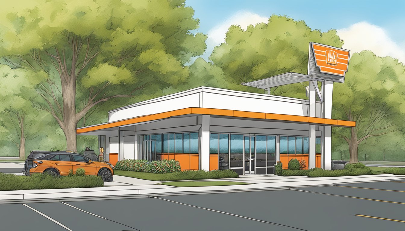 A Whataburger restaurant in Virginia, with a drive-thru and outdoor seating, surrounded by trees and accessible parking spaces