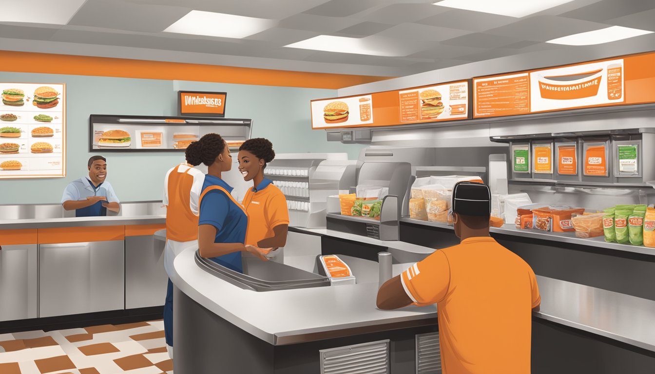 A customer at a Whataburger in Virginia placing an order at the counter with a cashier. The menu board and condiment station are visible in the background