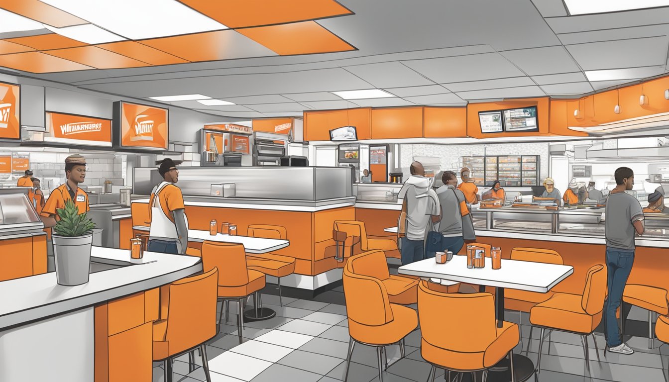 A bustling Whataburger restaurant in Virginia, with a line of customers at the counter and employees working behind it. Tables and chairs fill the dining area, and the iconic orange and white decor is prominent