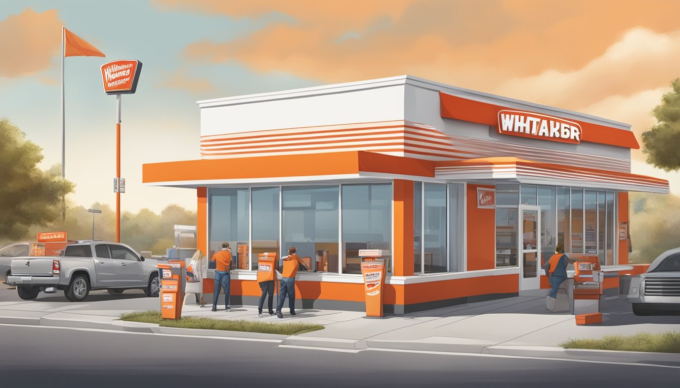 A bustling Whataburger restaurant in Virginia, with a bright red and white exterior, a drive-thru window, and a "Now Hiring" sign displayed prominently