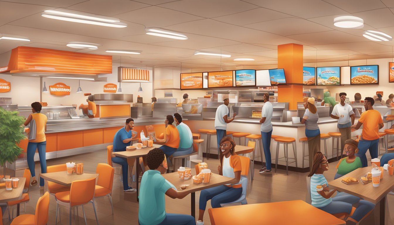 A bustling WhatABurger restaurant with customers engaging in conversation and sharing stories, creating a warm and welcoming community atmosphere