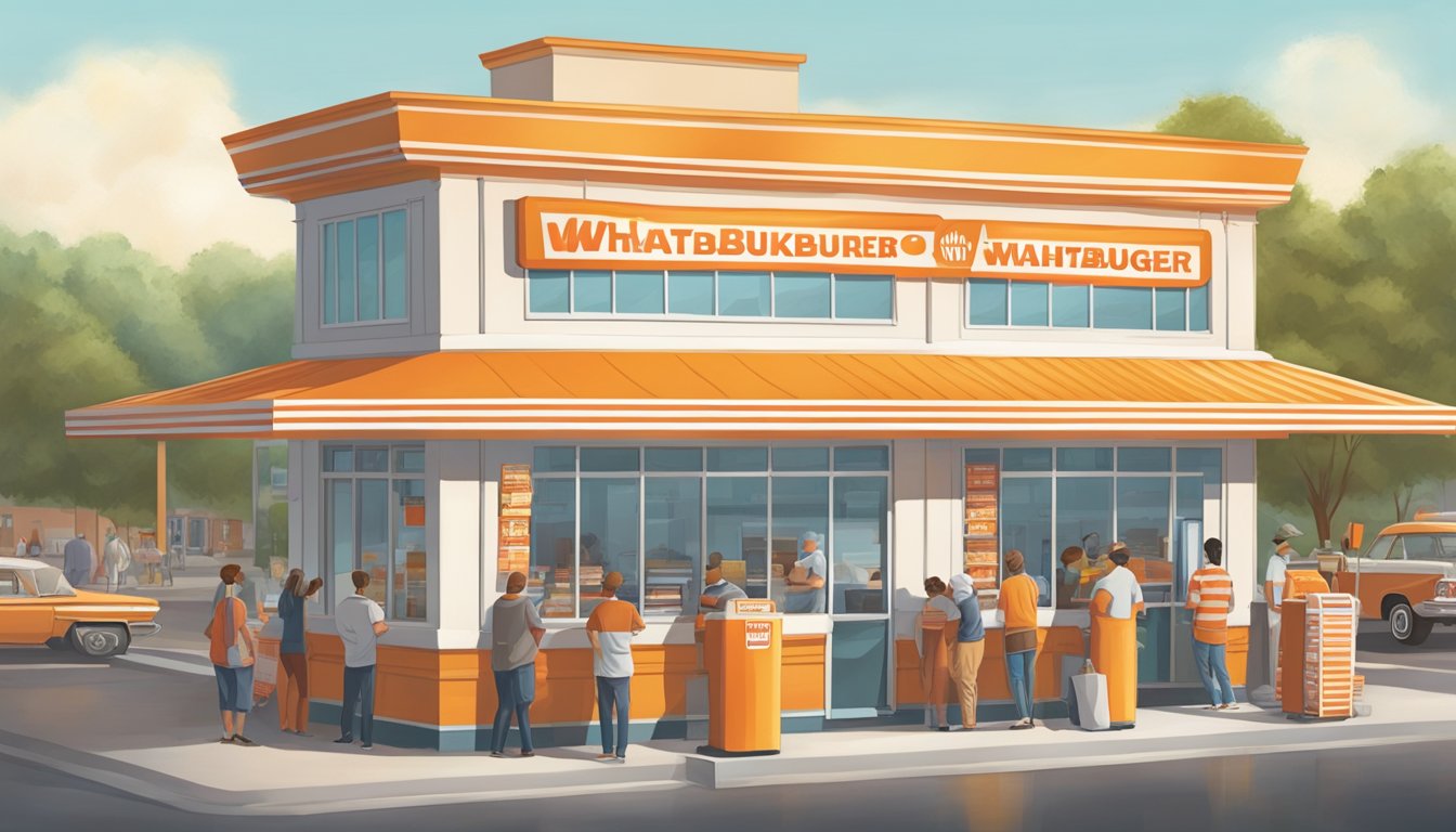 A bustling Whataburger and What-a-burger stand side by side in a lively Virginia town. Customers line up for their favorite fast food fix