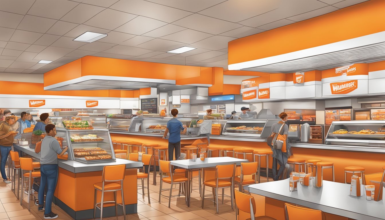 A bustling Whataburger restaurant with branded merchandise on display in the Whatastore