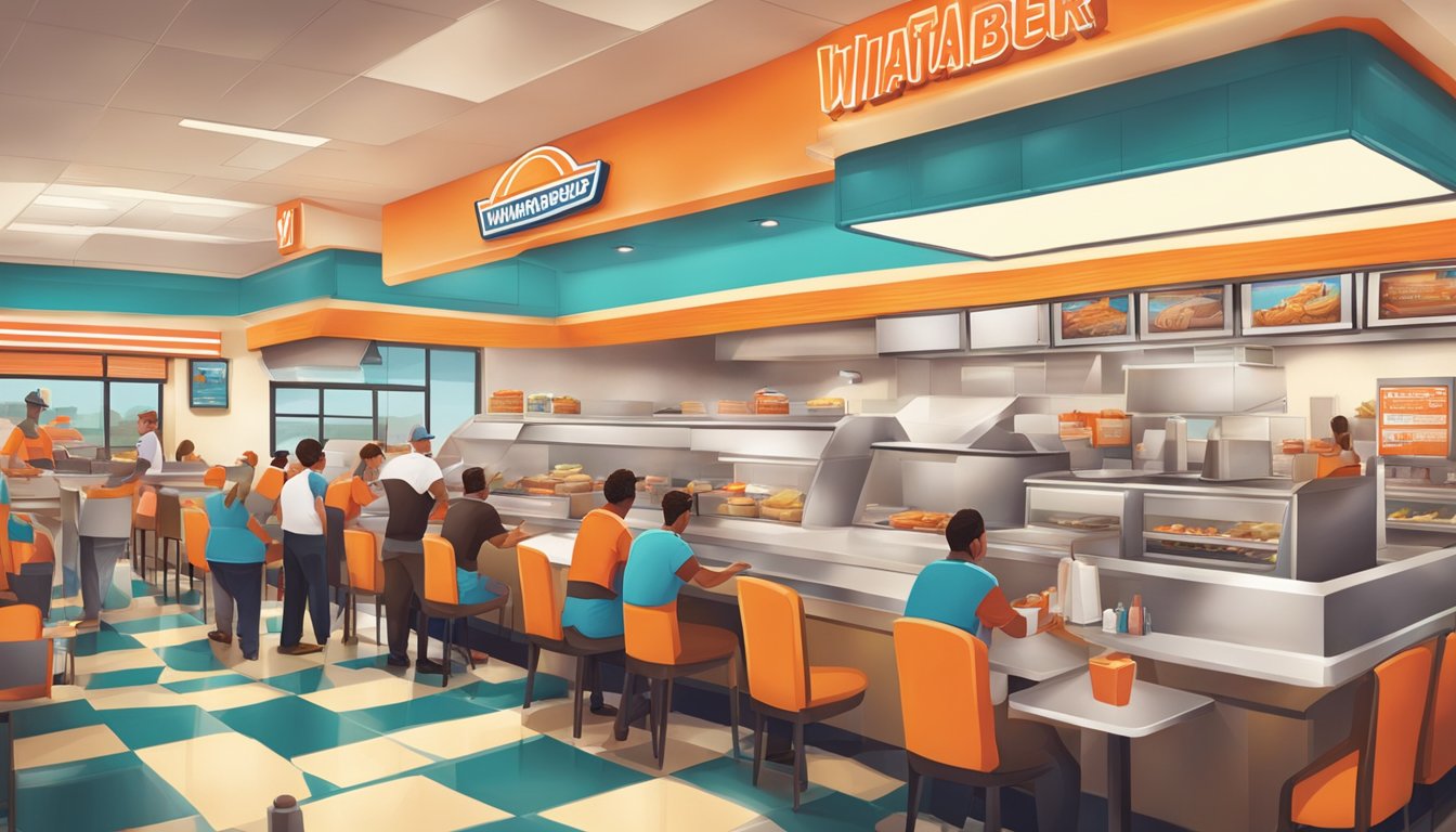 A bustling Whataburger restaurant with employees taking orders, cooking, and serving customers in a vibrant and fast-paced environment