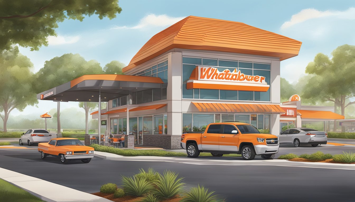 A bustling Whataburger restaurant with a modern exterior and a drive-thru, surrounded by a large parking lot and landscaped greenery