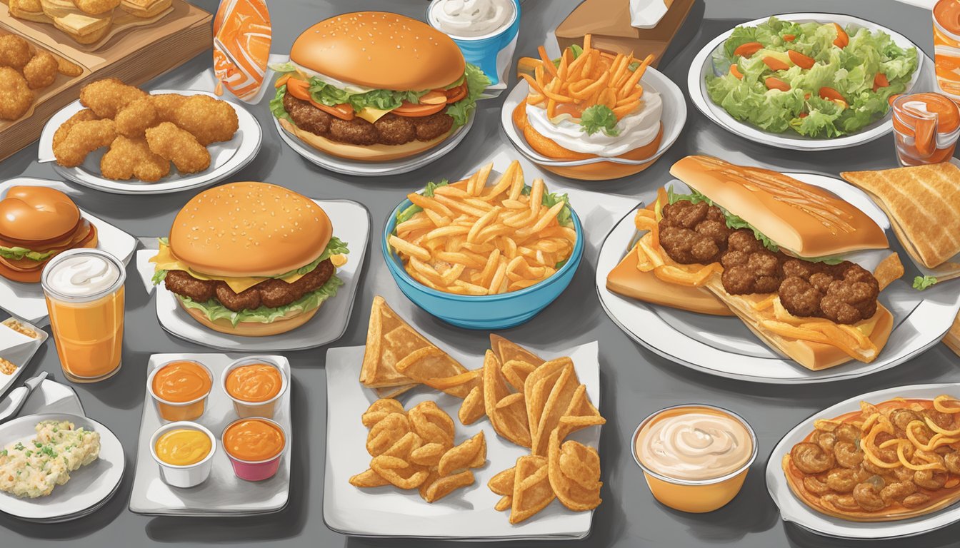 A colorful array of appetizers and light fare items arranged on a menu board at Whataburger