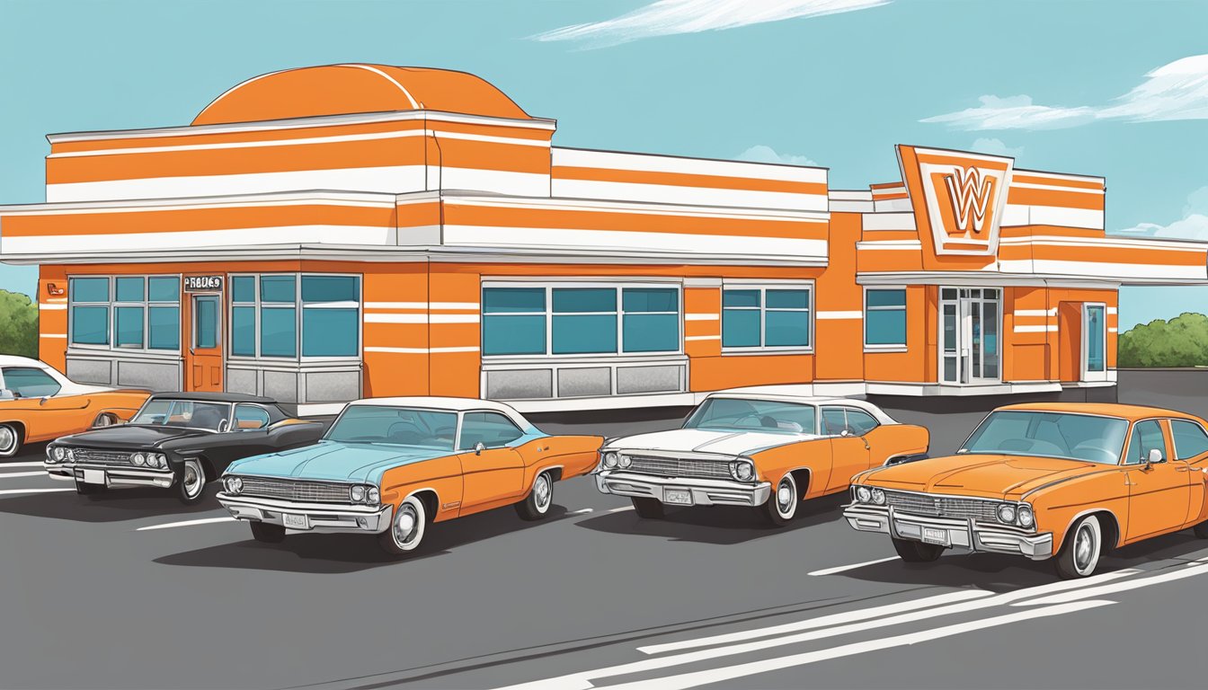 A bustling Whataburger restaurant in Tulsa, with a classic orange and white striped exterior and a drive-thru line of cars