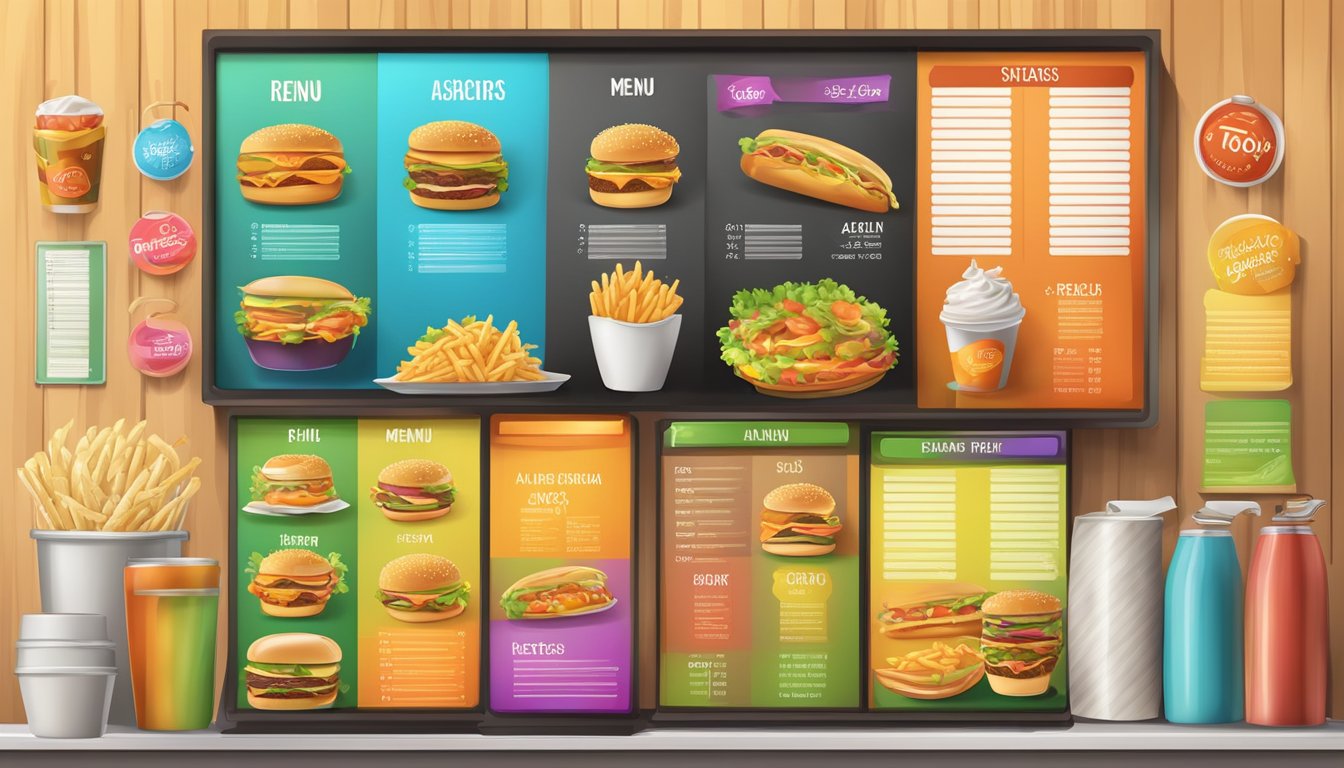 A colorful menu board with various sides and add-ons displayed in a fast food restaurant