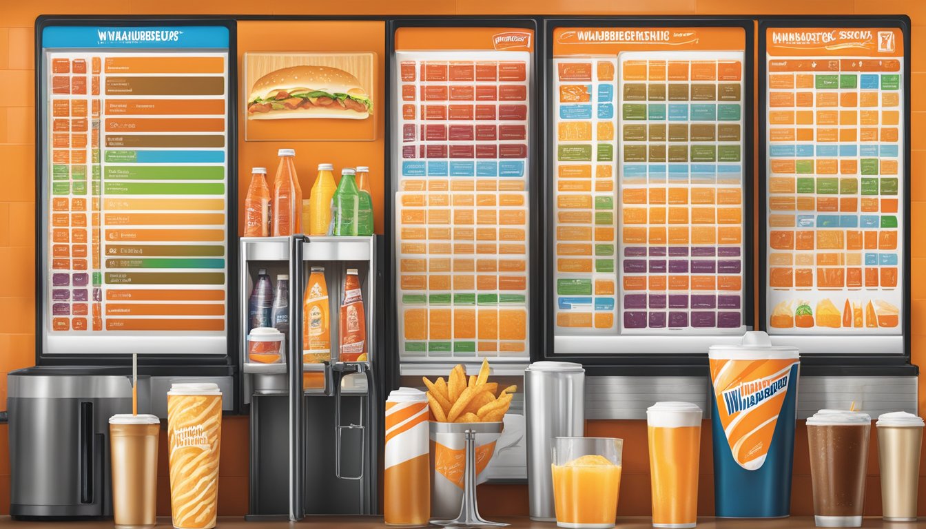 A colorful menu board displays various beverage options at Whataburger