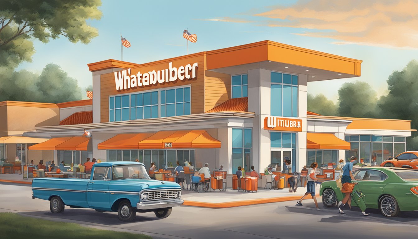 A bustling Whataburger in Tulsa with a line of cars at the drive-thru, and customers enjoying their meals at outdoor tables