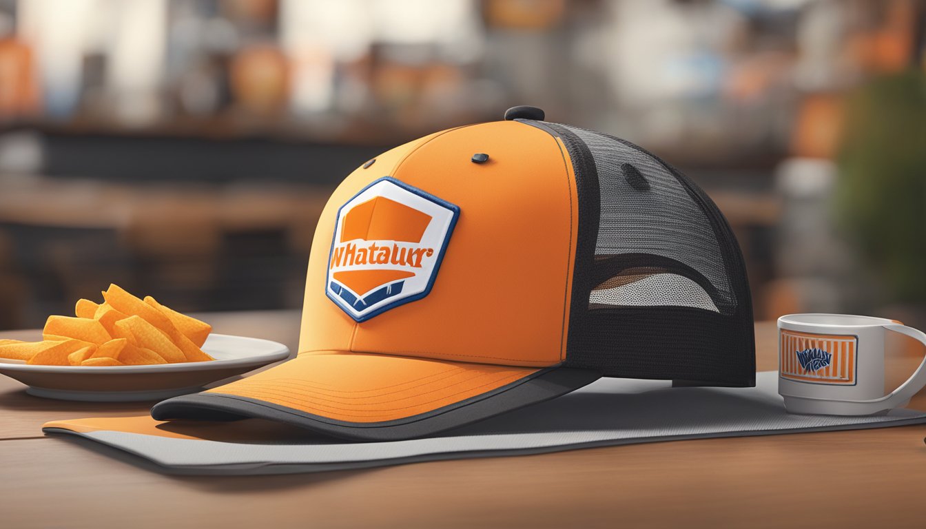 A Whataburger hat on a table with other Whataburger apparel items