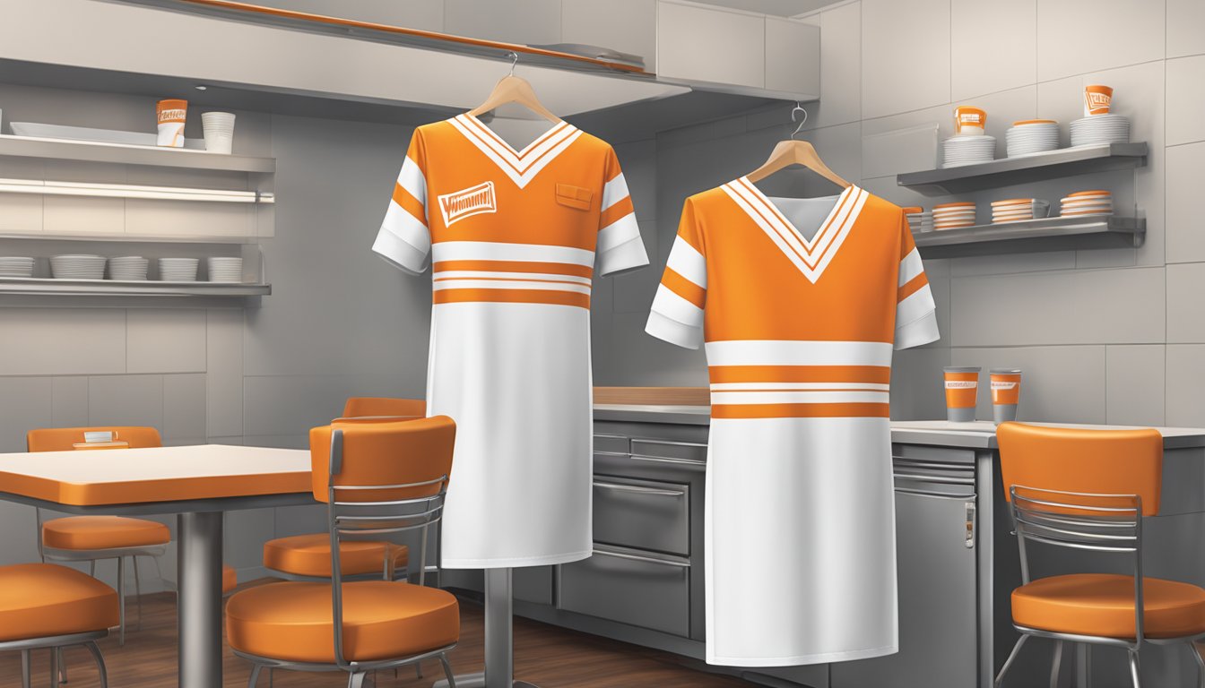 A Whataburger uniform neatly hung on a hanger, with a matching cap and apron neatly folded on a nearby table