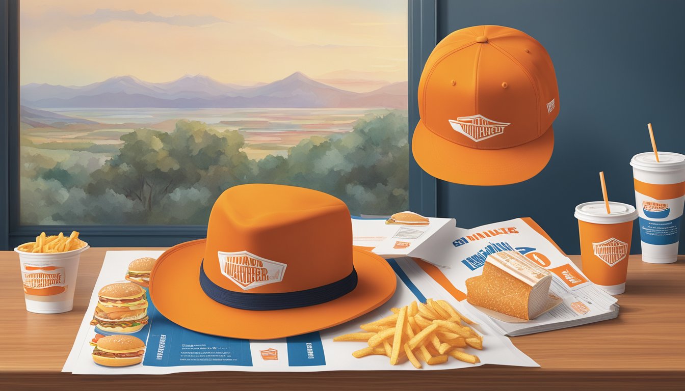 A Whataburger hat displayed next to marketing and sales strategy materials