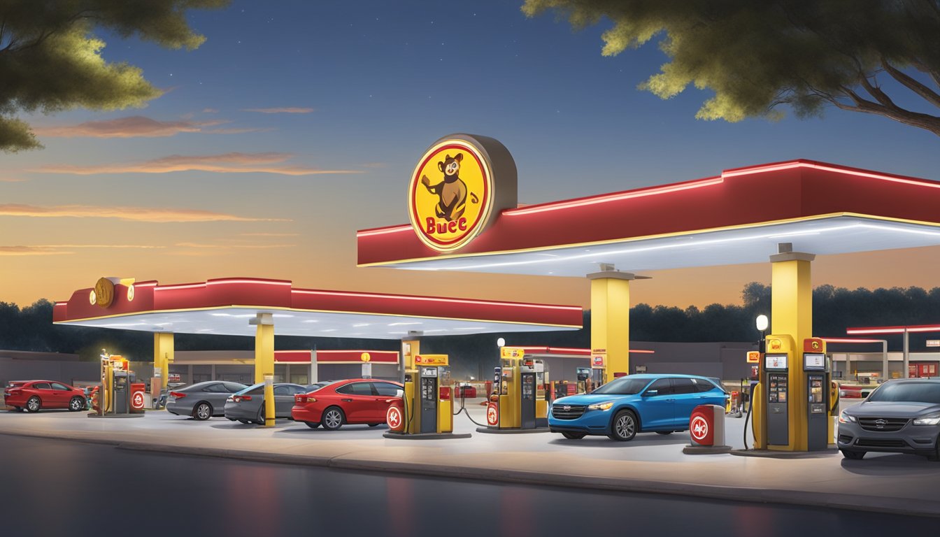 A brightly lit Buc-ee's gas station at night, with security cameras, well-lit parking lot, and employees conducting safety checks