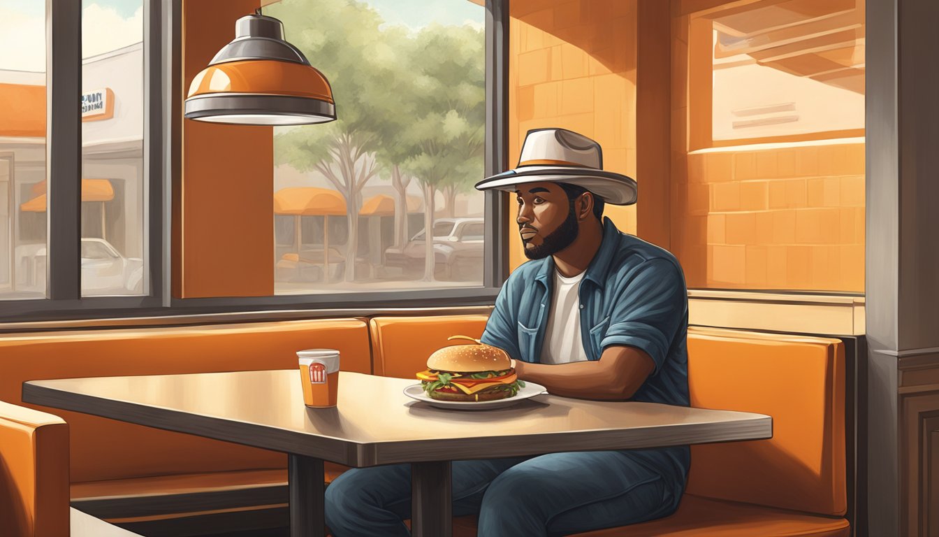 A person wearing a Whataburger hat sits alone at a table, enjoying their meal in a quiet corner of the restaurant