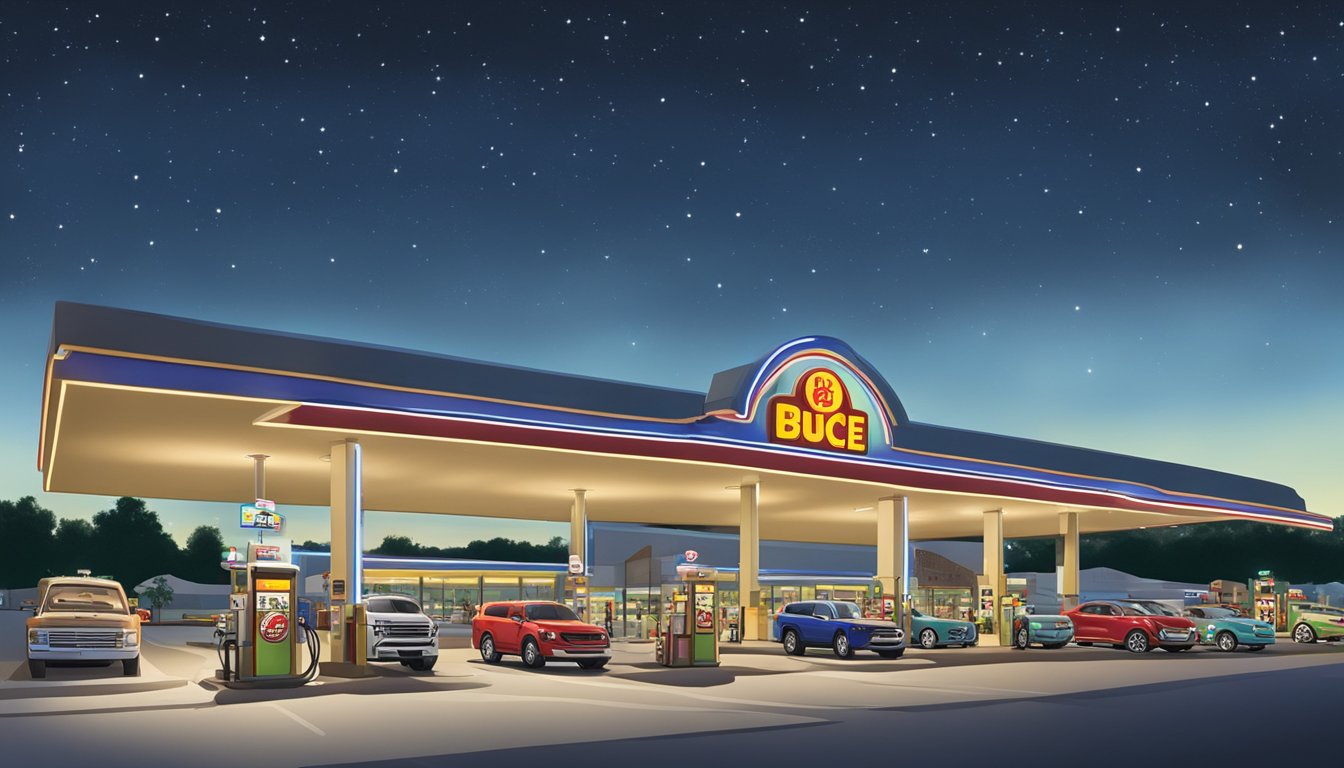 The Buc-ee's gas station at night, with bright lights, a line of cars at the pumps, and a few customers inside the store