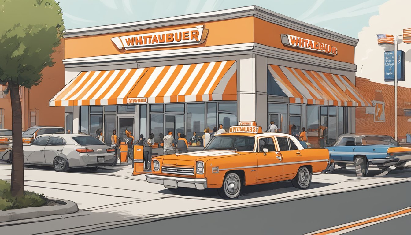 A bustling Whataburger location on a busy city street, with the iconic orange and white striped building standing out against the surrounding storefronts