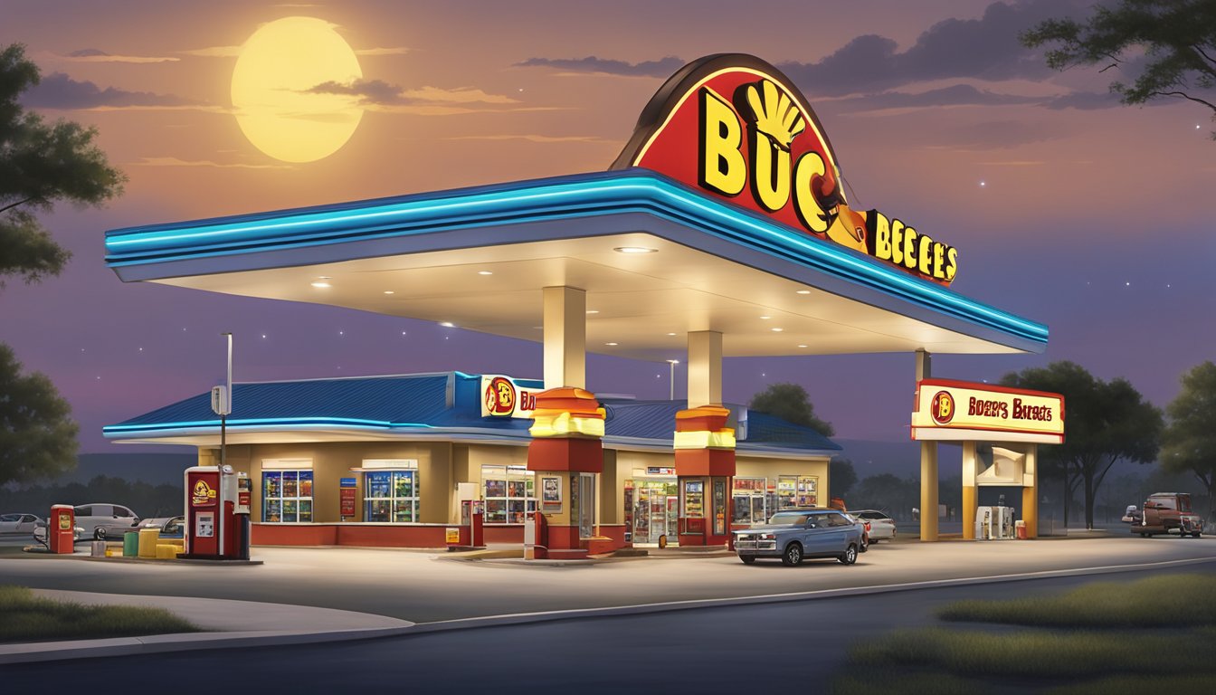 The Buc-ee's gas station at night, with bright lights illuminating the parking lot and the iconic beaver mascot sign glowing against the dark sky