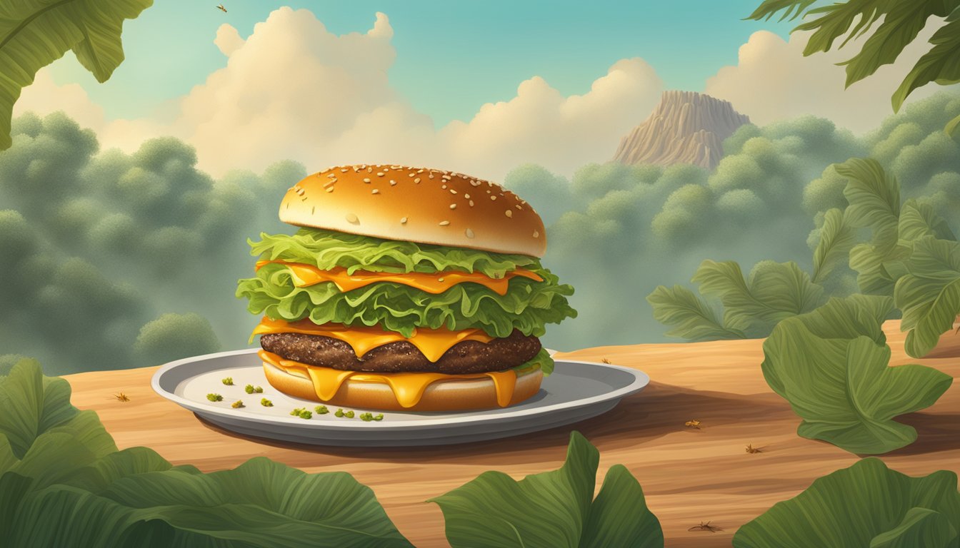 A juicy Whataburger with crispy lettuce and a golden-brown bun, surrounded by locusts in a natural setting