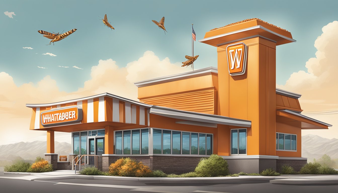 A Whataburger restaurant with a bustling dining area and a prominent locust perched on the outdoor sign