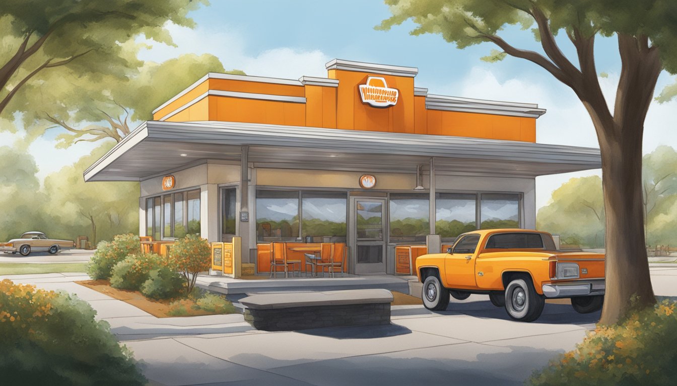 A Whataburger restaurant nestled among locust trees, with a drive-thru and outdoor seating area