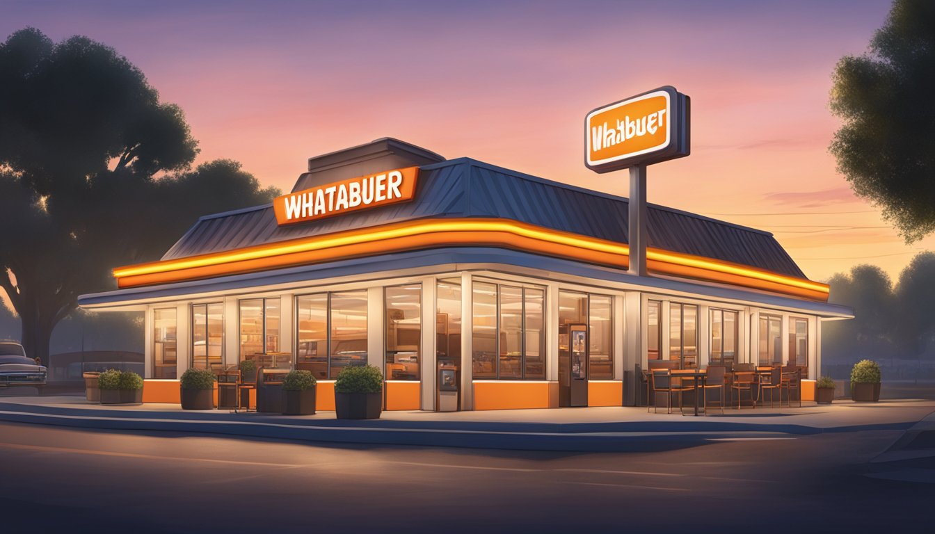 A Whataburger restaurant at dusk, with the glowing sign and drive-thru line