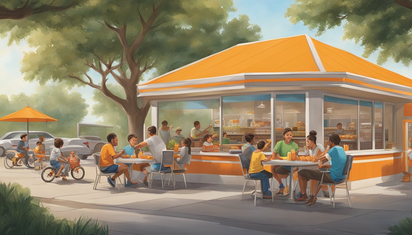 A family enjoying a meal at a Whataburger, with children playing in a locust-filled outdoor area