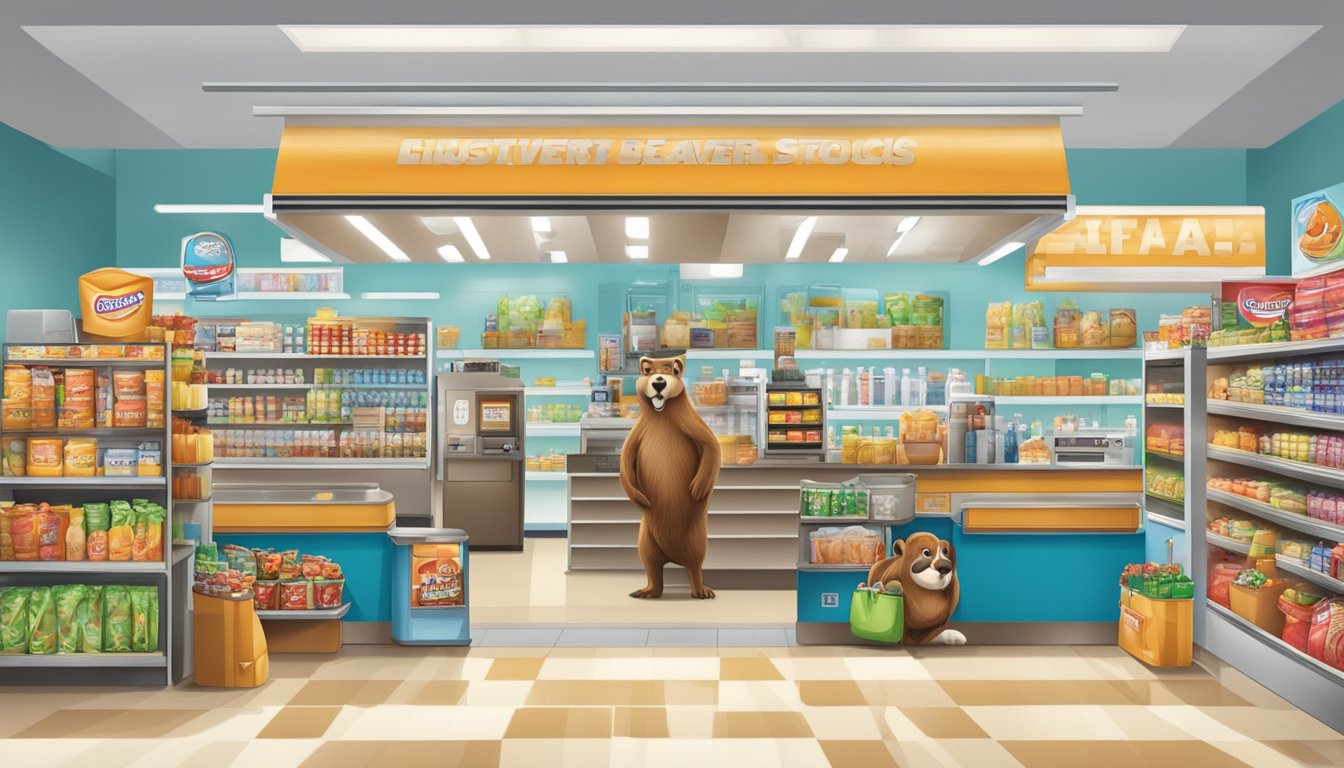 A bustling convenience store with gas pumps, a giant beaver mascot, clean restrooms, and rows of snacks and merchandise