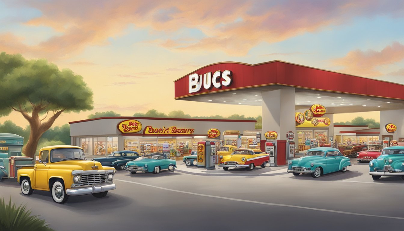 A bustling Buc-ee's store with a large, iconic beaver mascot, gas pumps, and a line of cars in the foreground