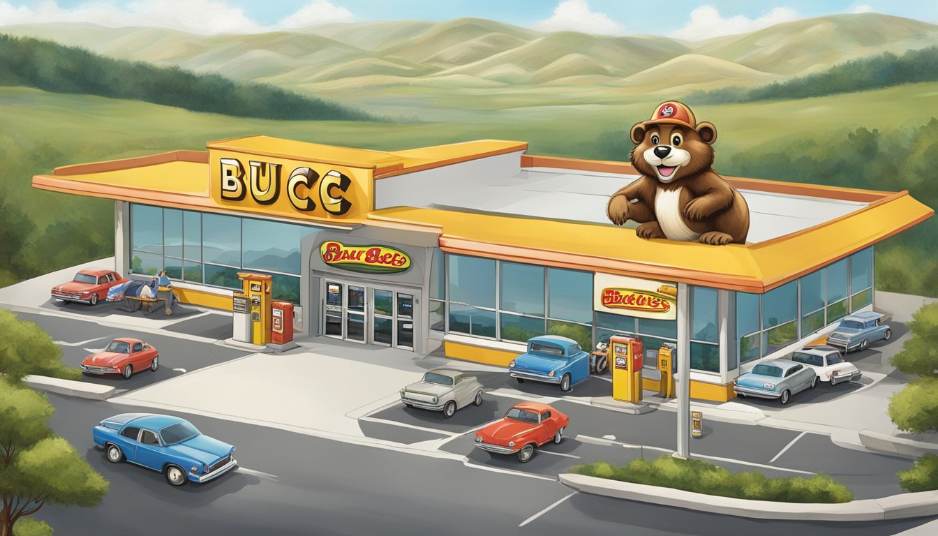 A bustling Buc-ee's gas station and convenience store surrounded by rolling hills and a busy highway, with a large iconic beaver mascot welcoming visitors