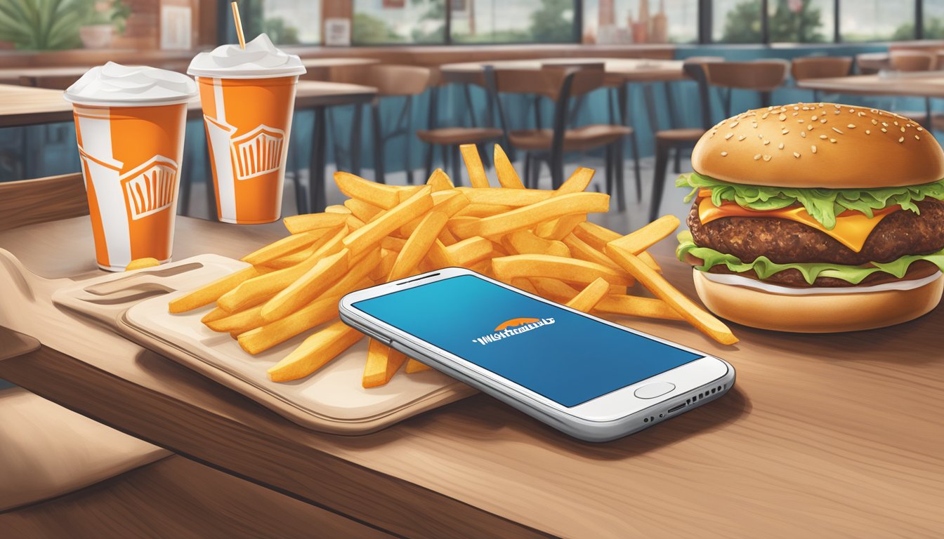 A table with a smartphone displaying the Whataburger rewards app, alongside a delicious burger and fries