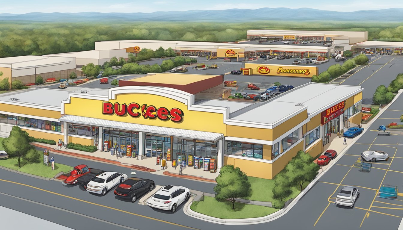 A bustling Buc-ee's mega store with a long line of gas pumps, a massive parking lot, and a sprawling, modern building with a distinctive beaver logo