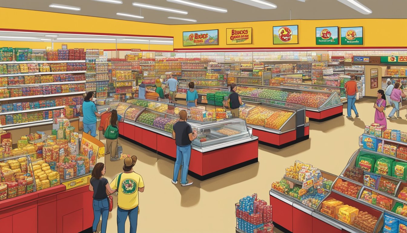 A bustling Buc-ee's store with a wide selection of merchandise, including snacks, drinks, and branded souvenirs. Customers browse the aisles as employees restock shelves