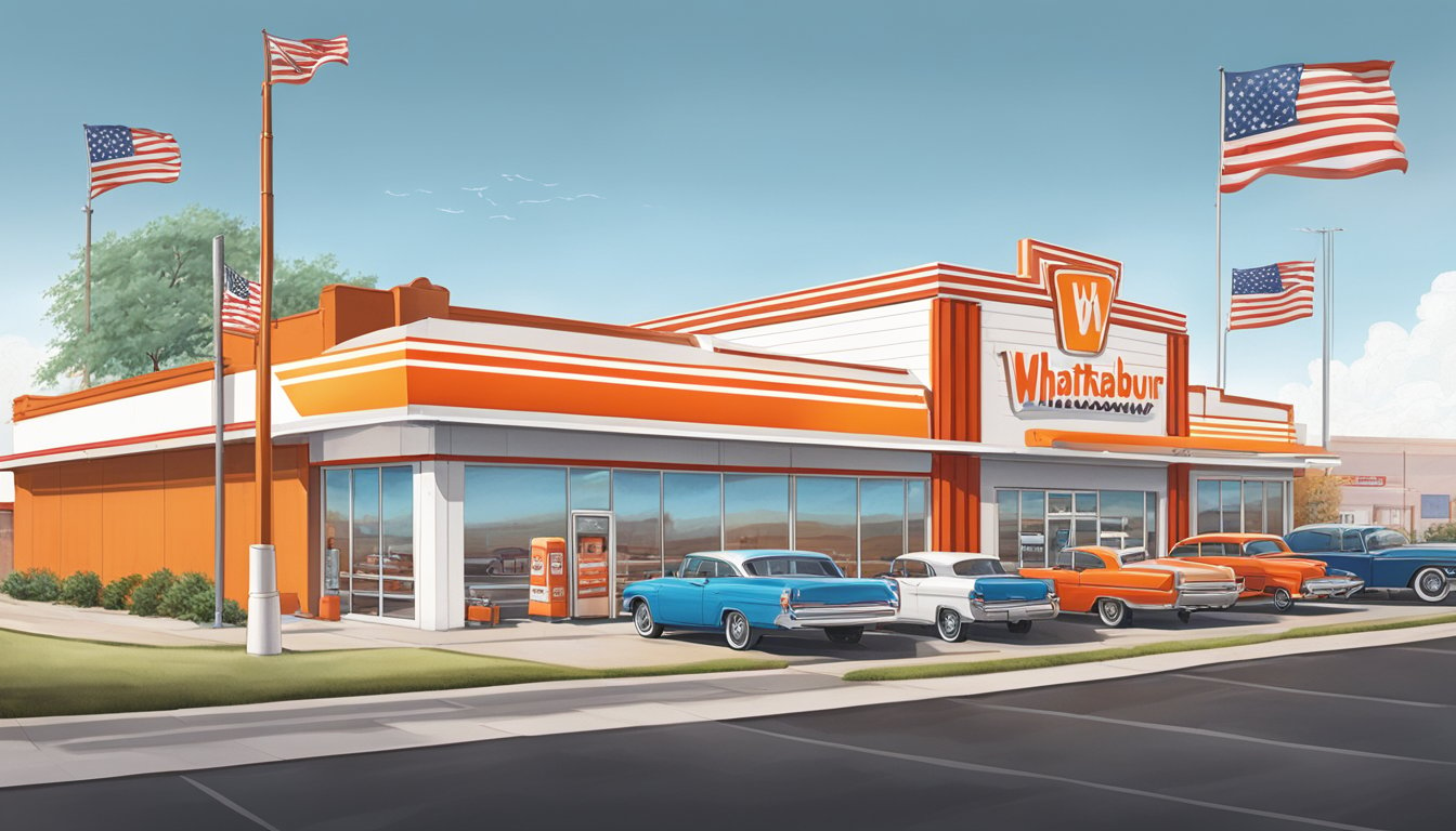 A bustling Whataburger in San Angelo, with a drive-thru line of cars and a neon sign shining above the red and white striped building