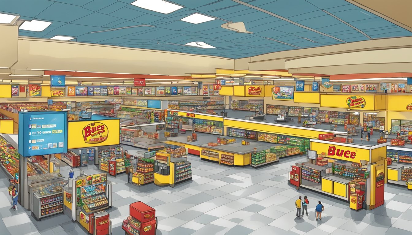 A bustling Buc-ee's mega store surrounded by gas pumps, car washes, and a massive parking lot filled with vehicles. Inside, customers browse an array of snacks, beverages, and merchandise while staff members manage the busy checkout counters